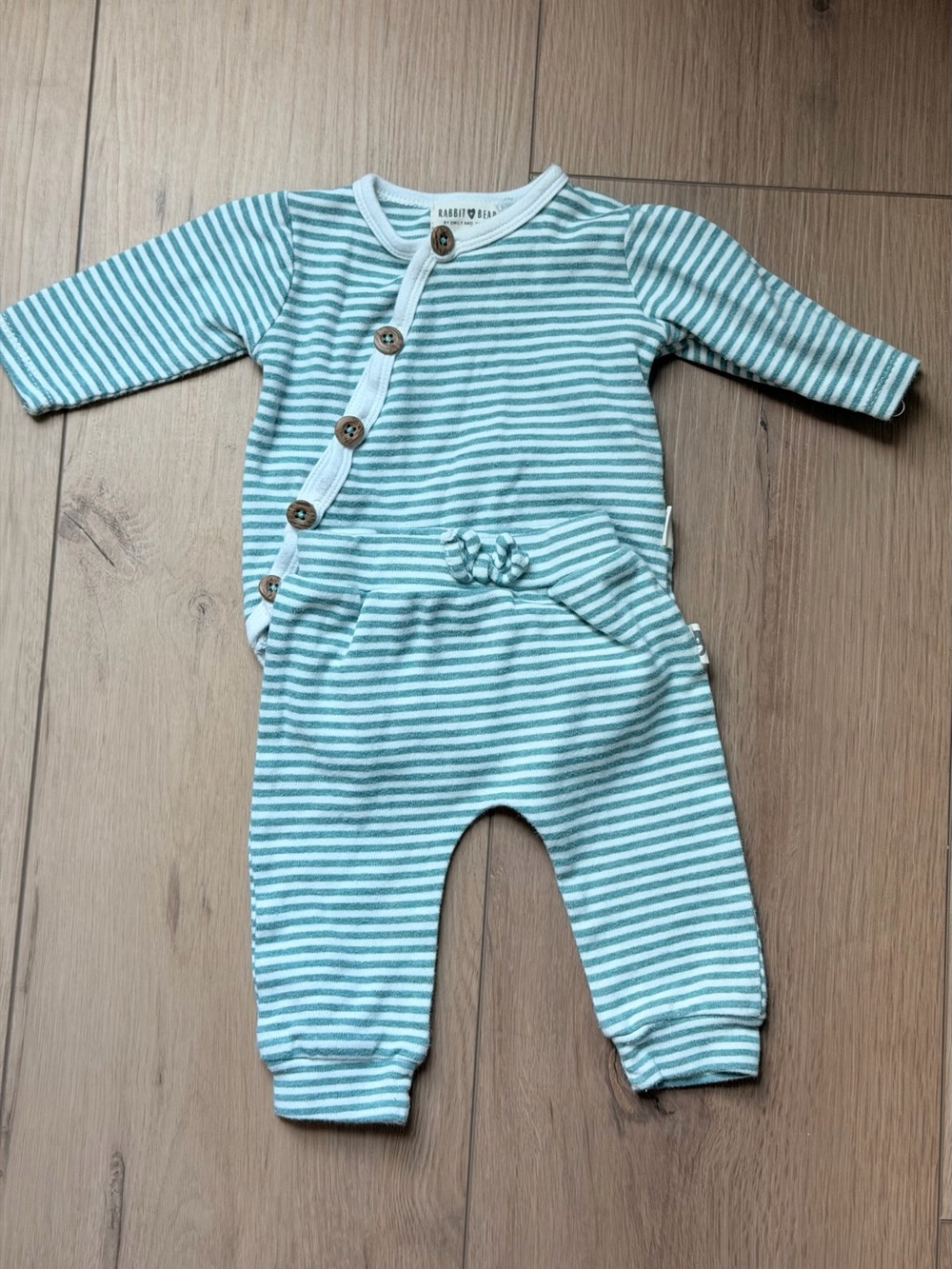 Striped Teal and White Baby Footie Romper with Knot Detail